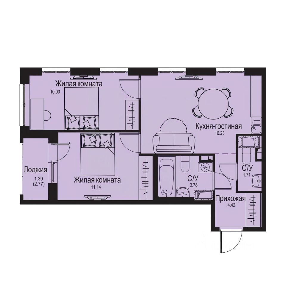 2-комн.кв., 49,6 м², 6/9 этаж