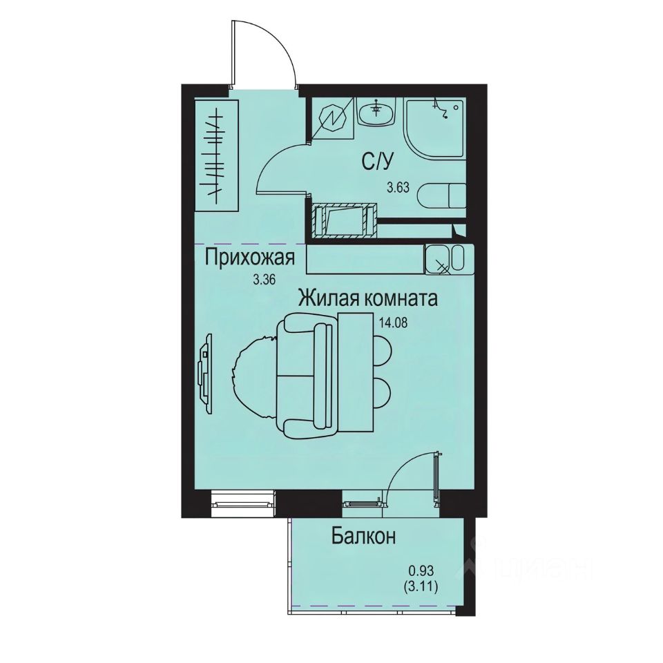 Студия, 22 м², 5/9 этаж