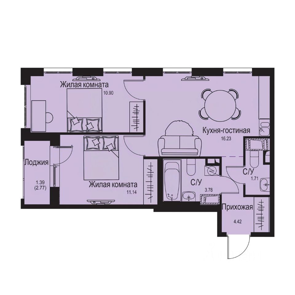 2-комн.кв., 49,6 м², 3/9 этаж