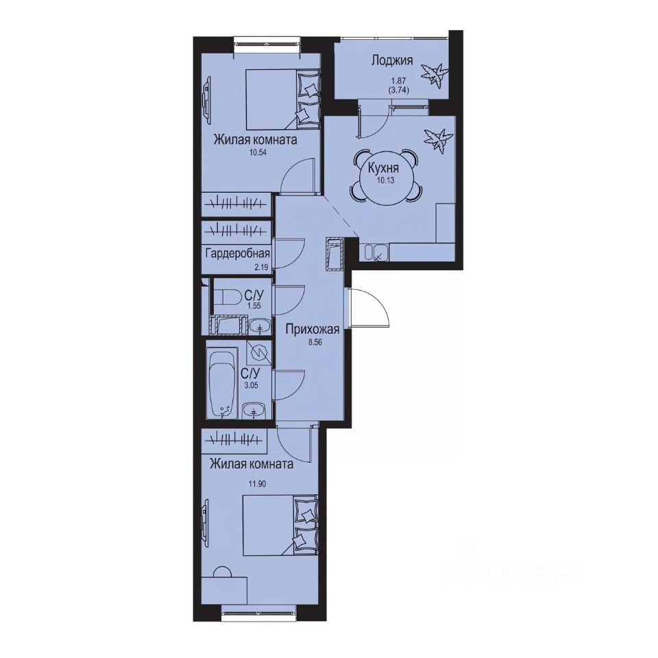 2-комн.кв., 49,8 м², 6/9 этаж