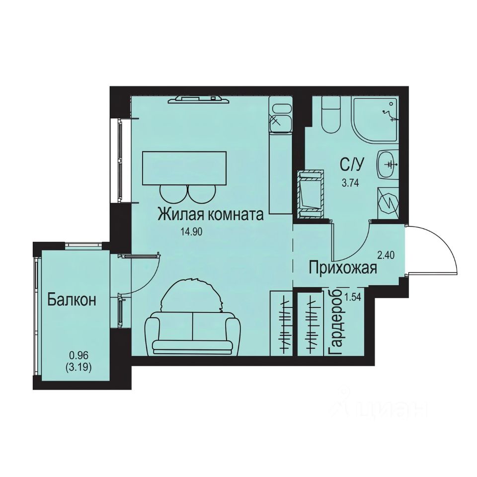 Студия, 24,2 м², 9/9 этаж