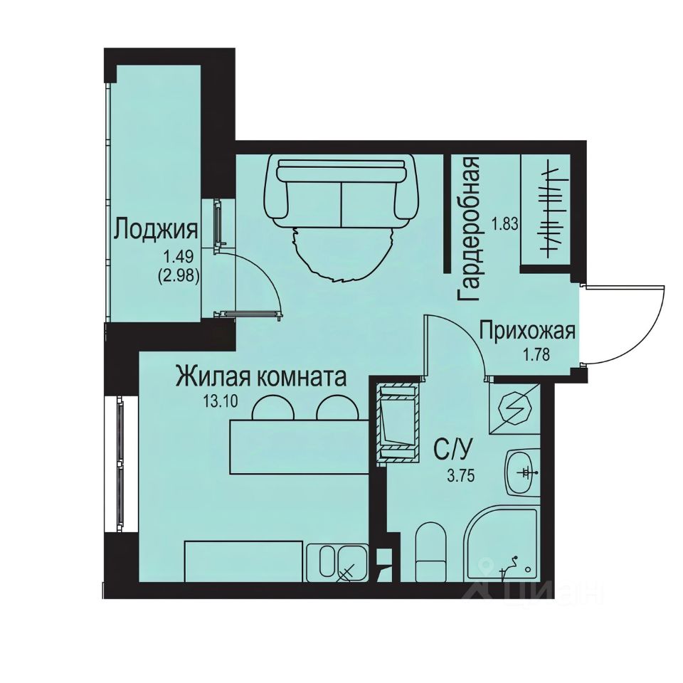 Студия, 21,9 м², 2/9 этаж