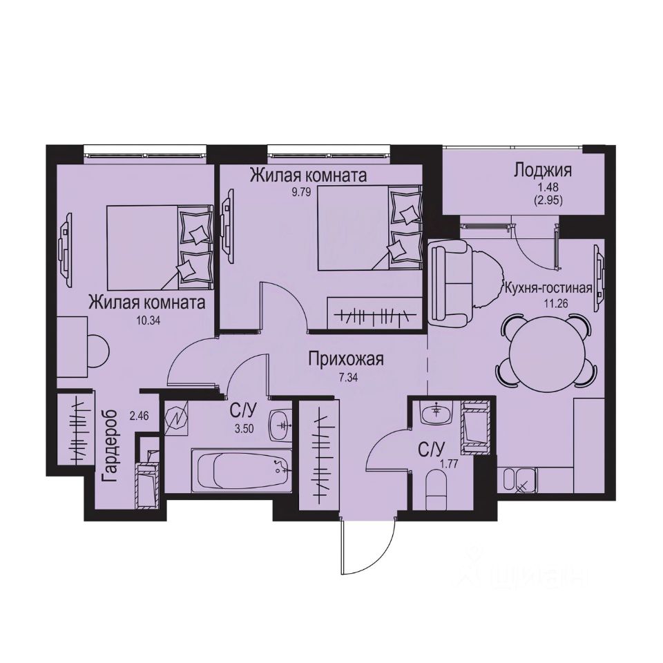 2-комн.кв., 47,9 м², 9/9 этаж