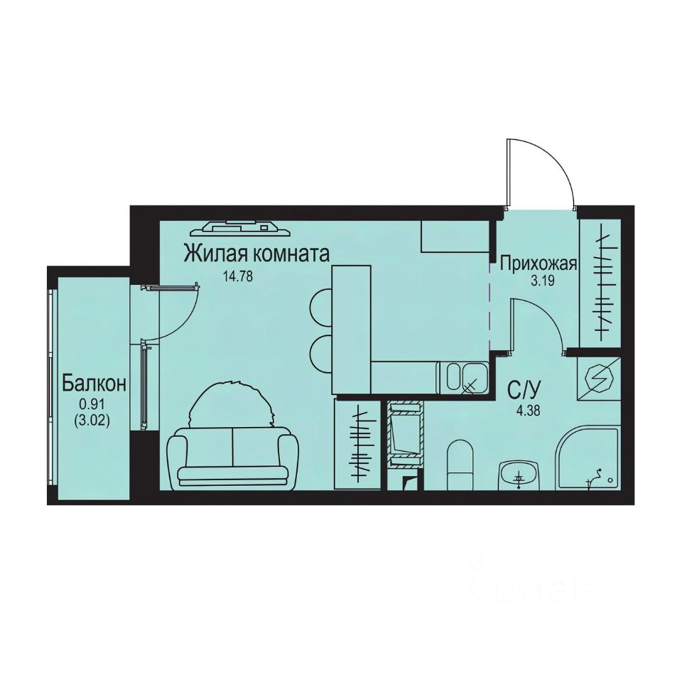 Студия, 23,3 м², 8/9 этаж