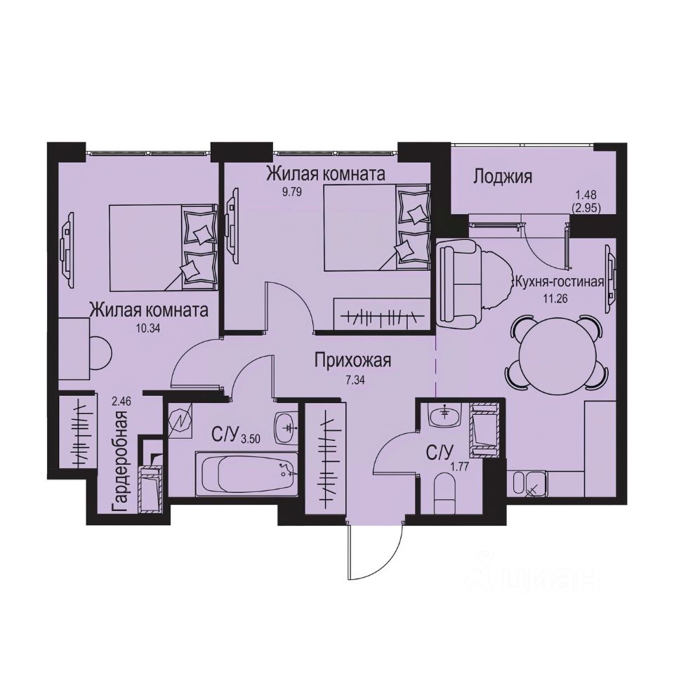 2-комн.кв., 47,9 м², 3/9 этаж