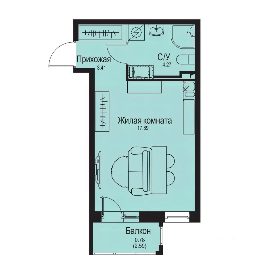 Студия, 26,4 м², 2/9 этаж