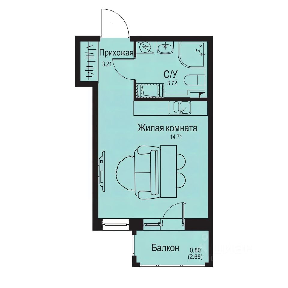 Студия, 22,4 м², 2/9 этаж