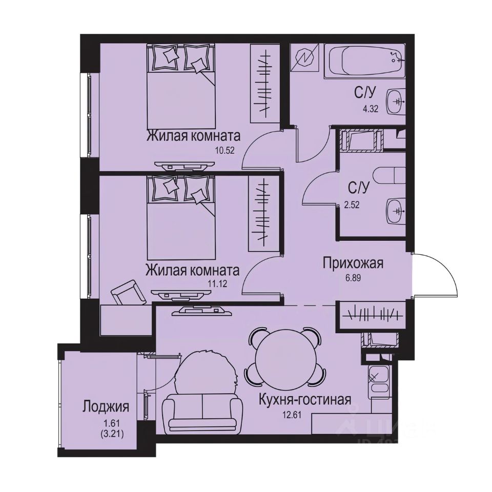 2-комн.кв., 49,6 м², 7/9 этаж