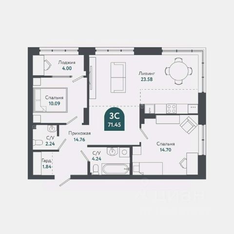 3-комн., 71,5 м², 3/25 этаж