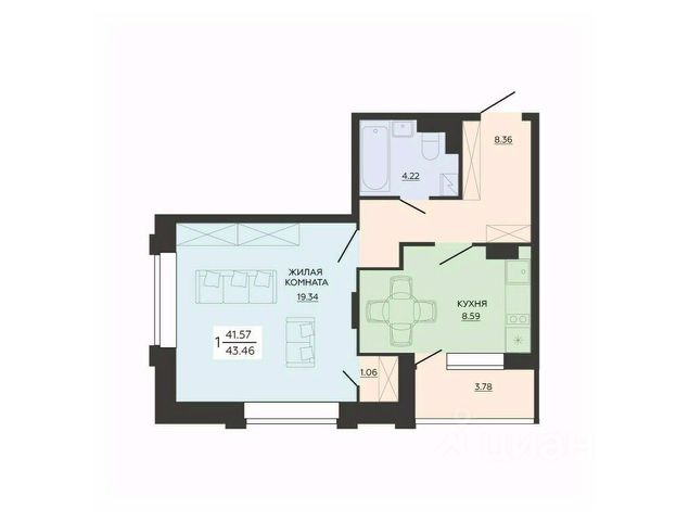 1-комн., 43,5 м², 12/21 этаж