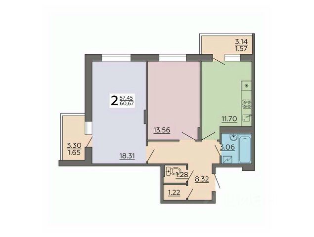 2-комн., 60,7 м², 17/17 этаж