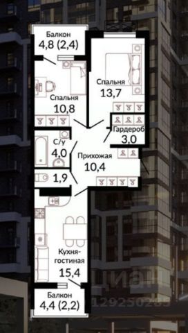 2-комн., 64,8 м², 6/19 этаж