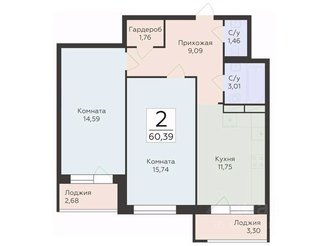 2-комн., 60,4 м², 19/19 этаж