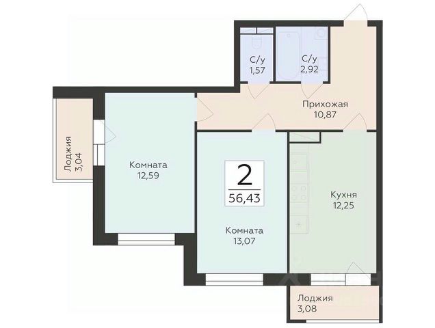 2-комн., 56,4 м², 9/19 этаж