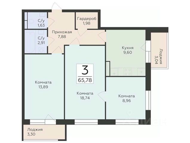 3-комн., 65,8 м², 8/19 этаж