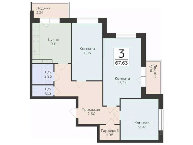 3-комн., 67,6 м², 15/19 этаж