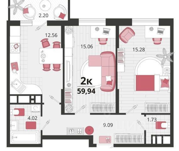 2-комн., 60 м², 12/18 этаж