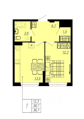 1-комн., 37,8 м², 2/12 этаж