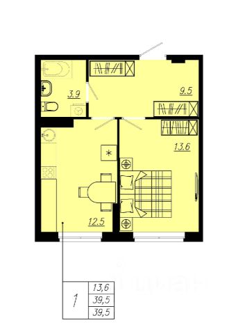 1-комн., 39,5 м², 5/12 этаж