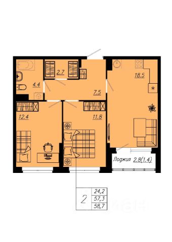 2-комн., 56 м², 7/12 этаж