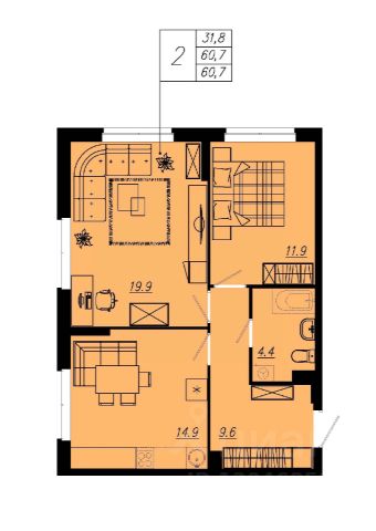 2-комн., 59,1 м², 3/12 этаж
