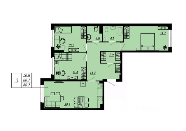 3-комн., 79 м², 1/12 этаж