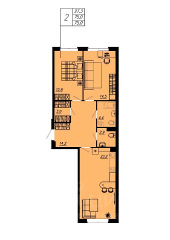 2-комн., 73,1 м², 2/12 этаж