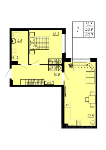 1-комн., 49,9 м², 2/12 этаж