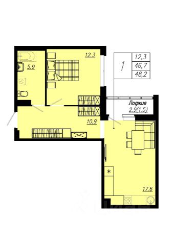 1-комн., 48,2 м², 8/12 этаж