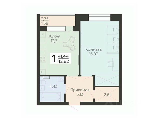 1-комн., 42,8 м², 10/24 этаж