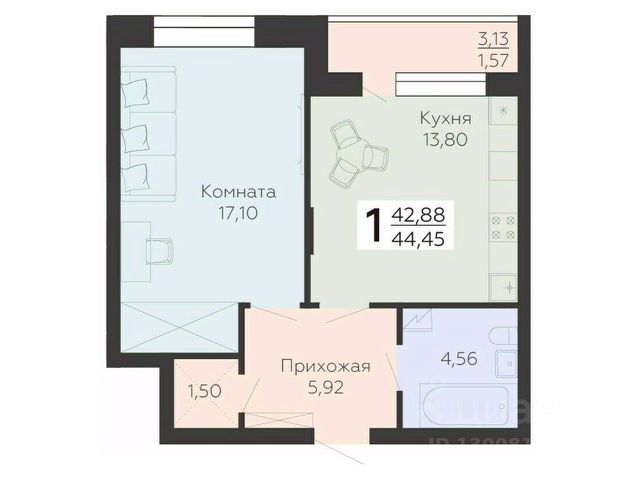 1-комн., 44,5 м², 2/24 этаж