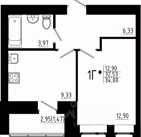 1-комн., 34 м², 6/23 этаж