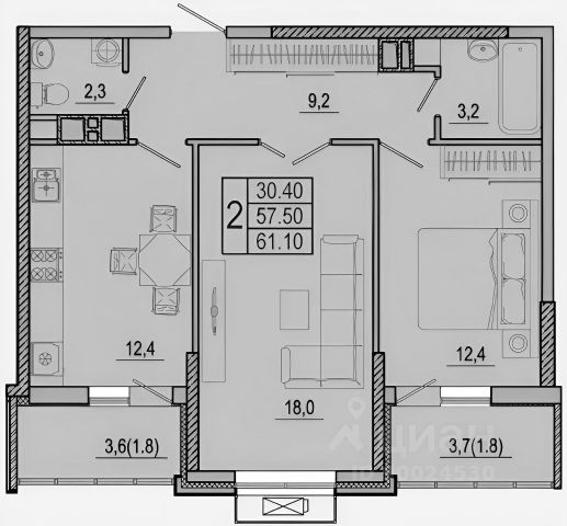 2-комн., 64 м², 5/25 этаж