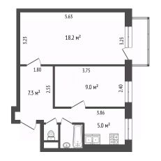 2-комн.кв., 43 м², этаж 3