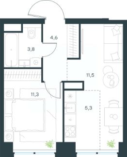 2-комн.кв., 37 м², этаж 2