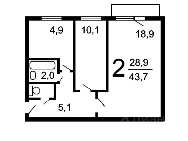 2-комн., 44 м², 2/5 этаж
