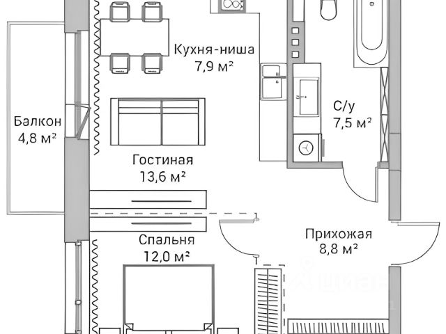 1-комн., 50,7 м², 5/10 этаж