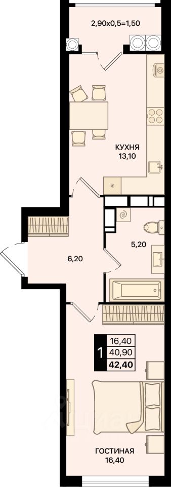 1-комн.кв., 42,4 м², 17/18 этаж