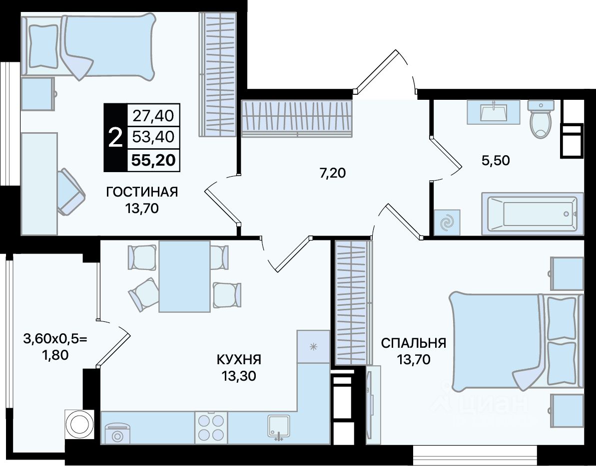 2-комн.кв., 55,2 м², 11/18 этаж