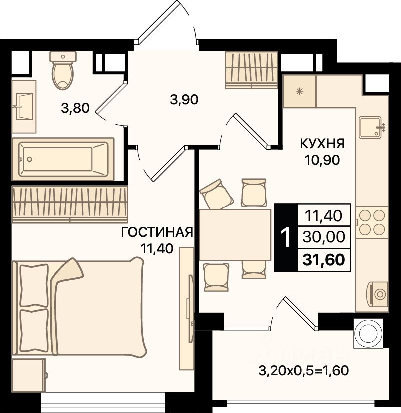 1-комн.кв., 31,6 м², 12/15 этаж