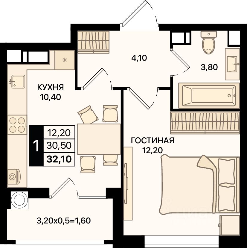 1-комн.кв., 32,1 м², 12/15 этаж