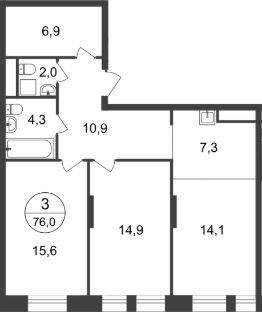 3-комн.кв., 76 м², этаж 18