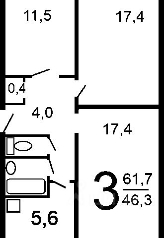 3-комн., 61,1 м², 3/5 этаж