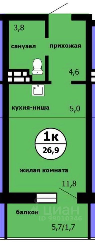 Студия, 26,9 м², 9/9 этаж