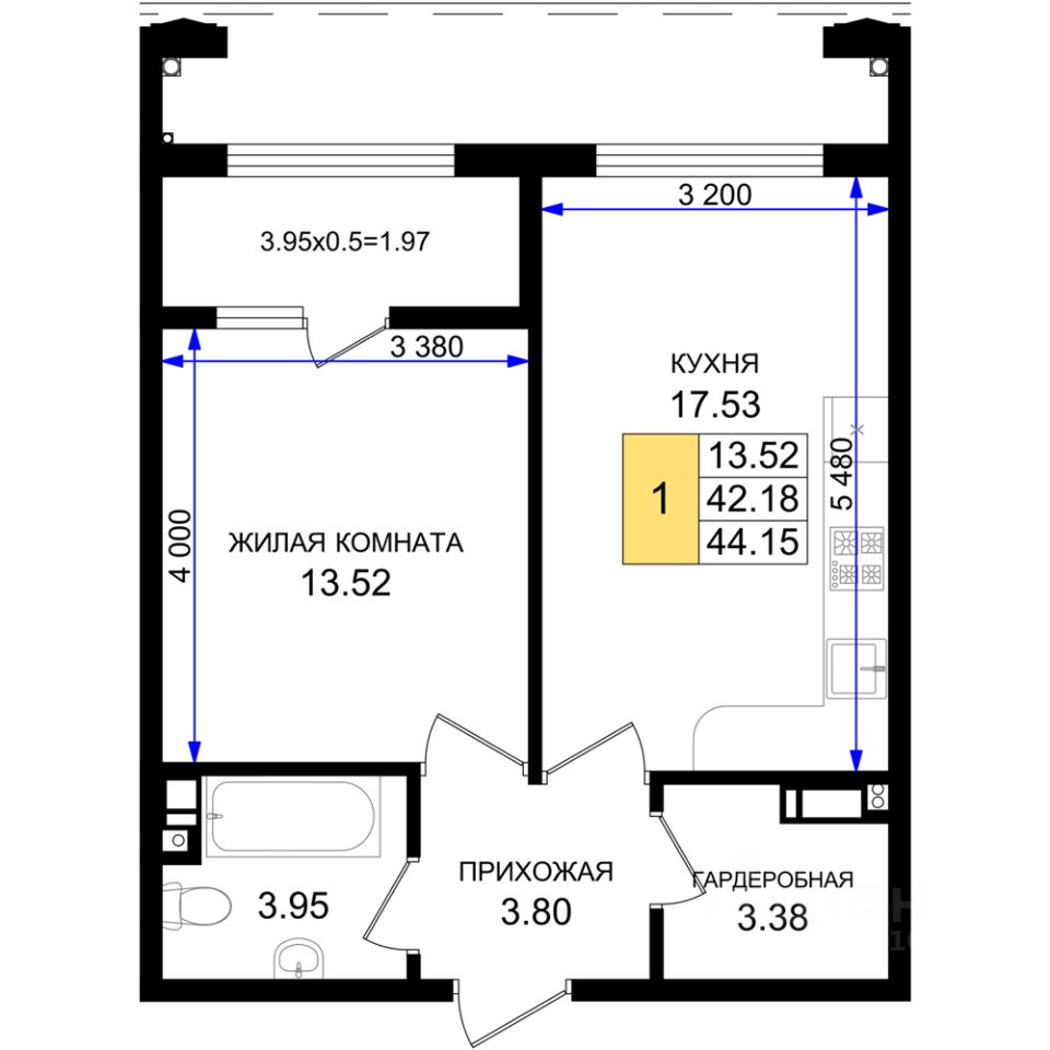 1-комн.кв., 44,1 м², 3/8 этаж
