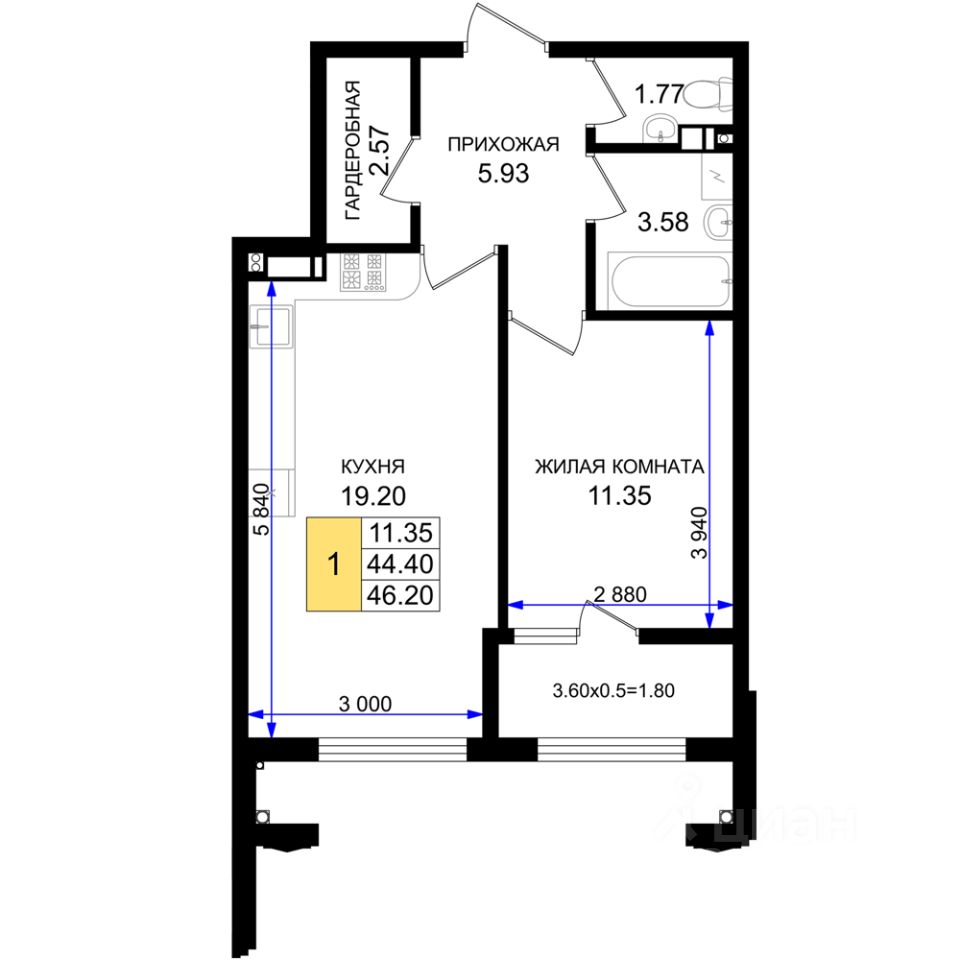 1-комн.кв., 46,2 м², 2/8 этаж