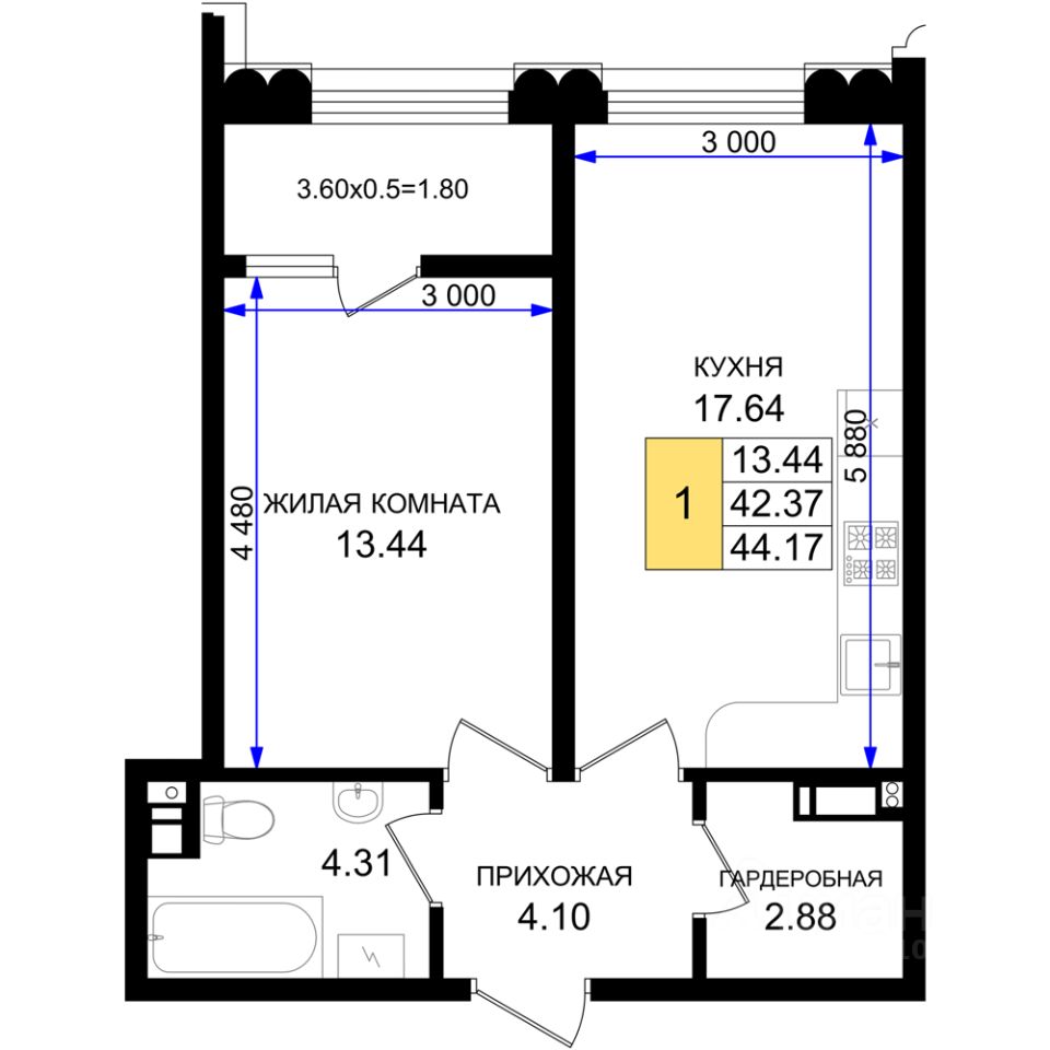 1-комн.кв., 44,2 м², 3/8 этаж