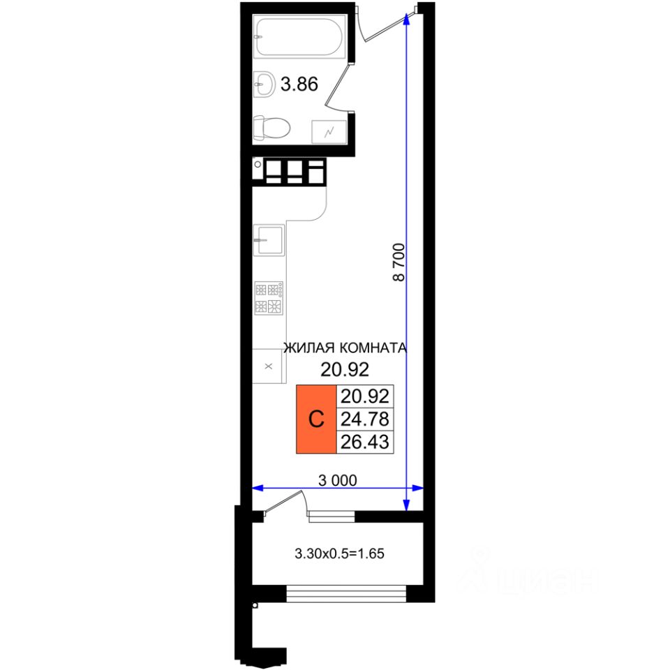 Студия, 26,4 м², 6/8 этаж