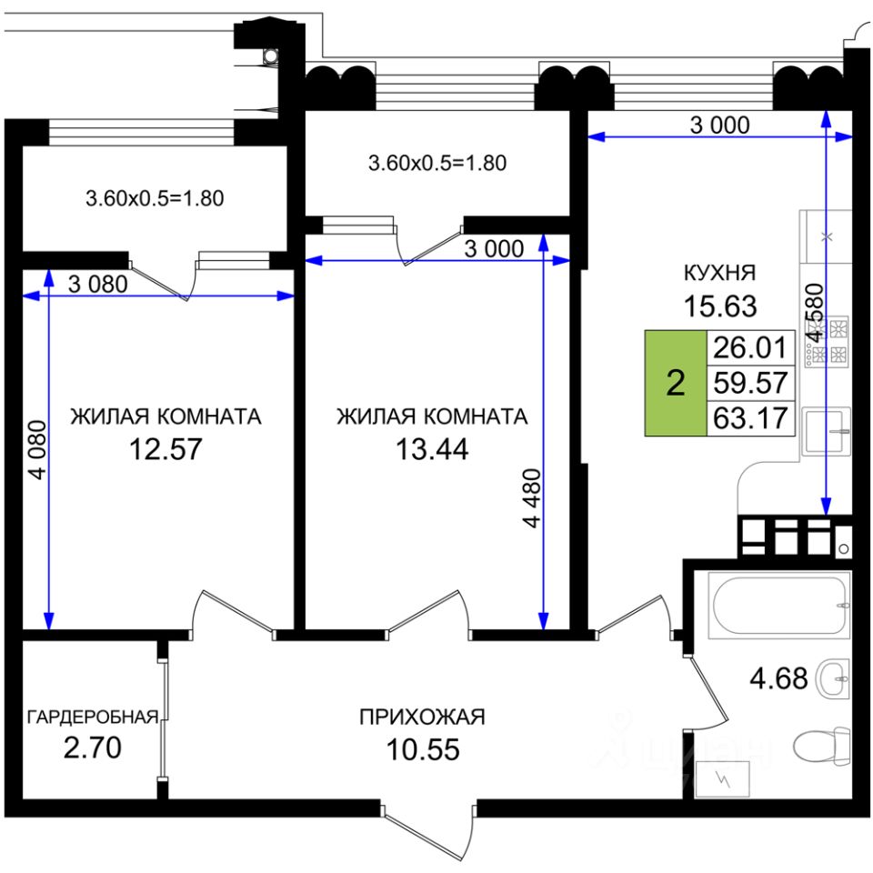 2-комн.кв., 63,2 м², 4/8 этаж