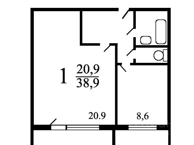 1-комн., 38,9 м², 4/12 этаж